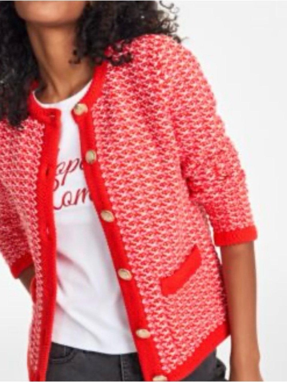 ON 34th Patterned Jacquard Red White Pink Gold Button Sweater SZ L